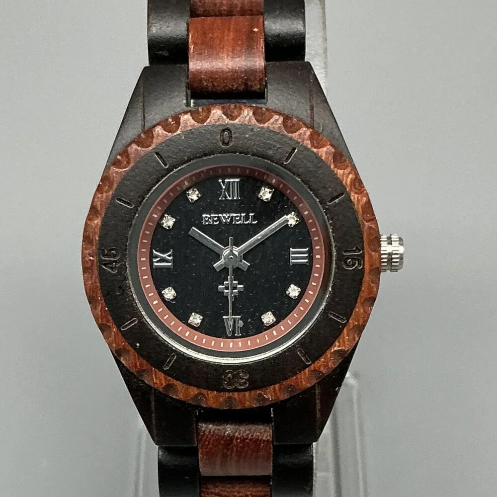 Bewell Womens Watch 31mm Black Dial Wood Bracelet Handcrafted New Battery 7.25
